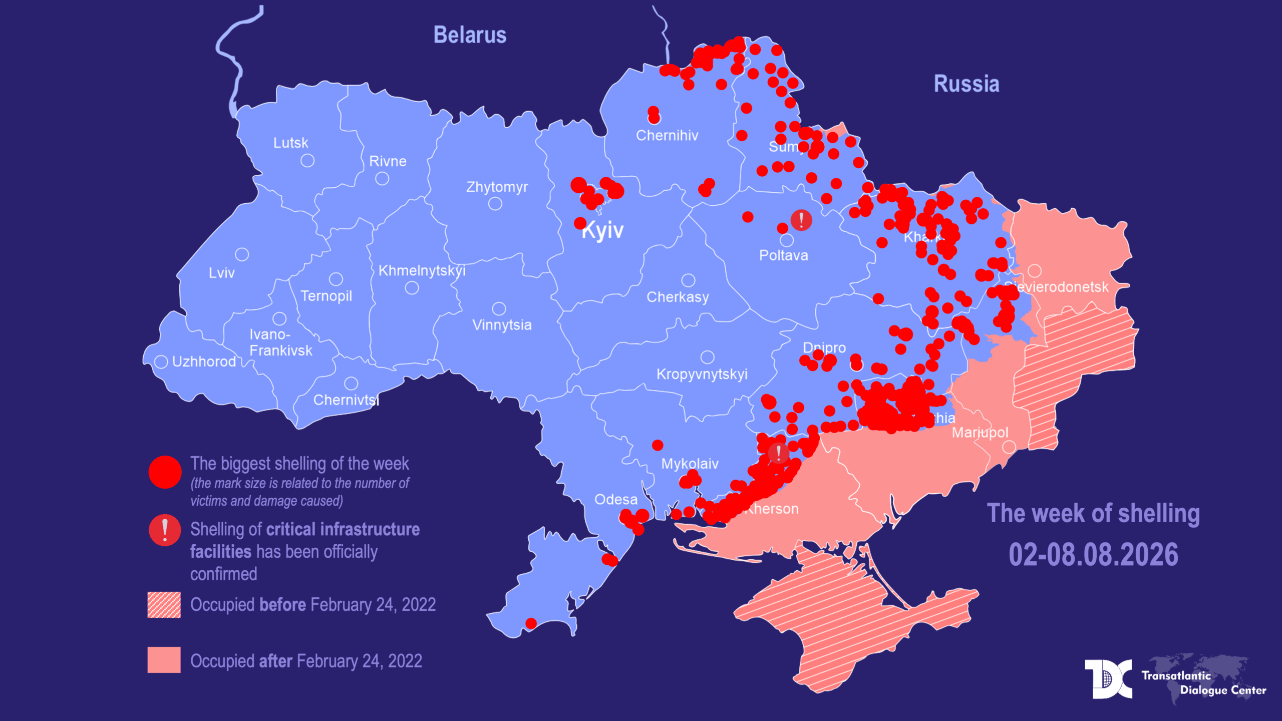 Map of Russian shelling and confirmed critical infrastructure incidents in Ukraine from August 2 to August 8, 2026