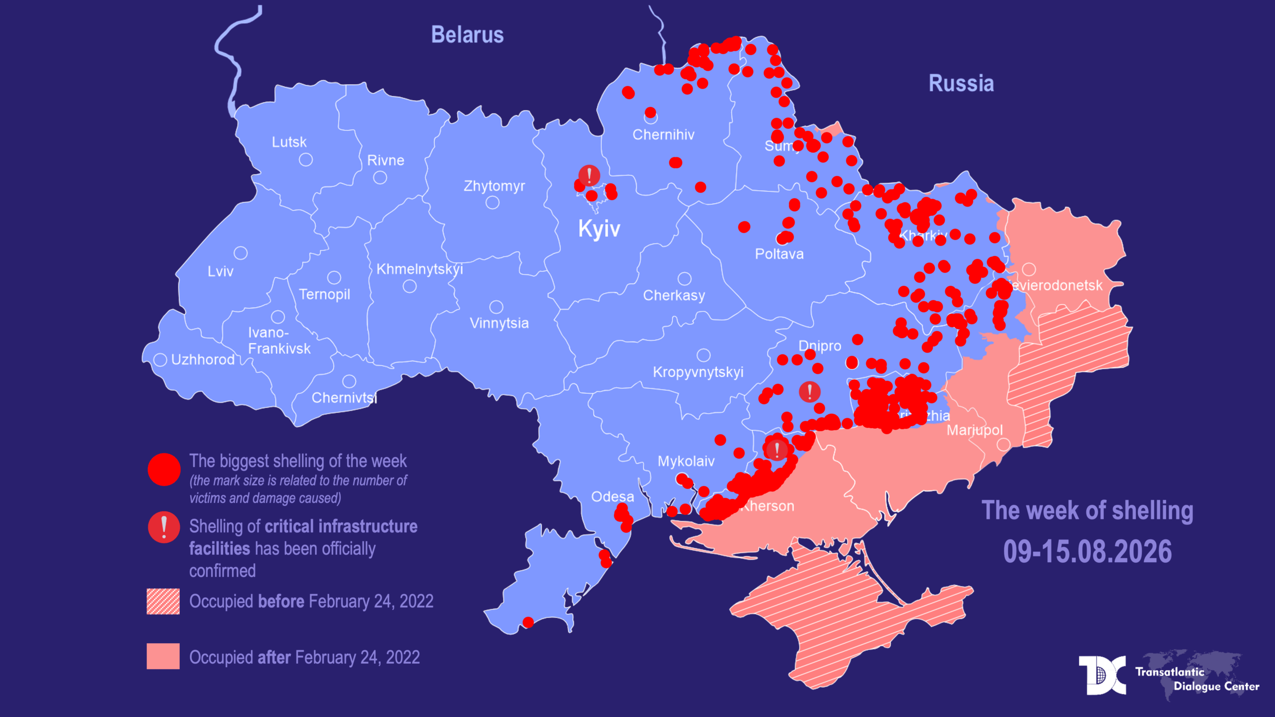 Map of Russian shelling and confirmed critical infrastructure incidents in Ukraine from August 9 to August 15, 2026