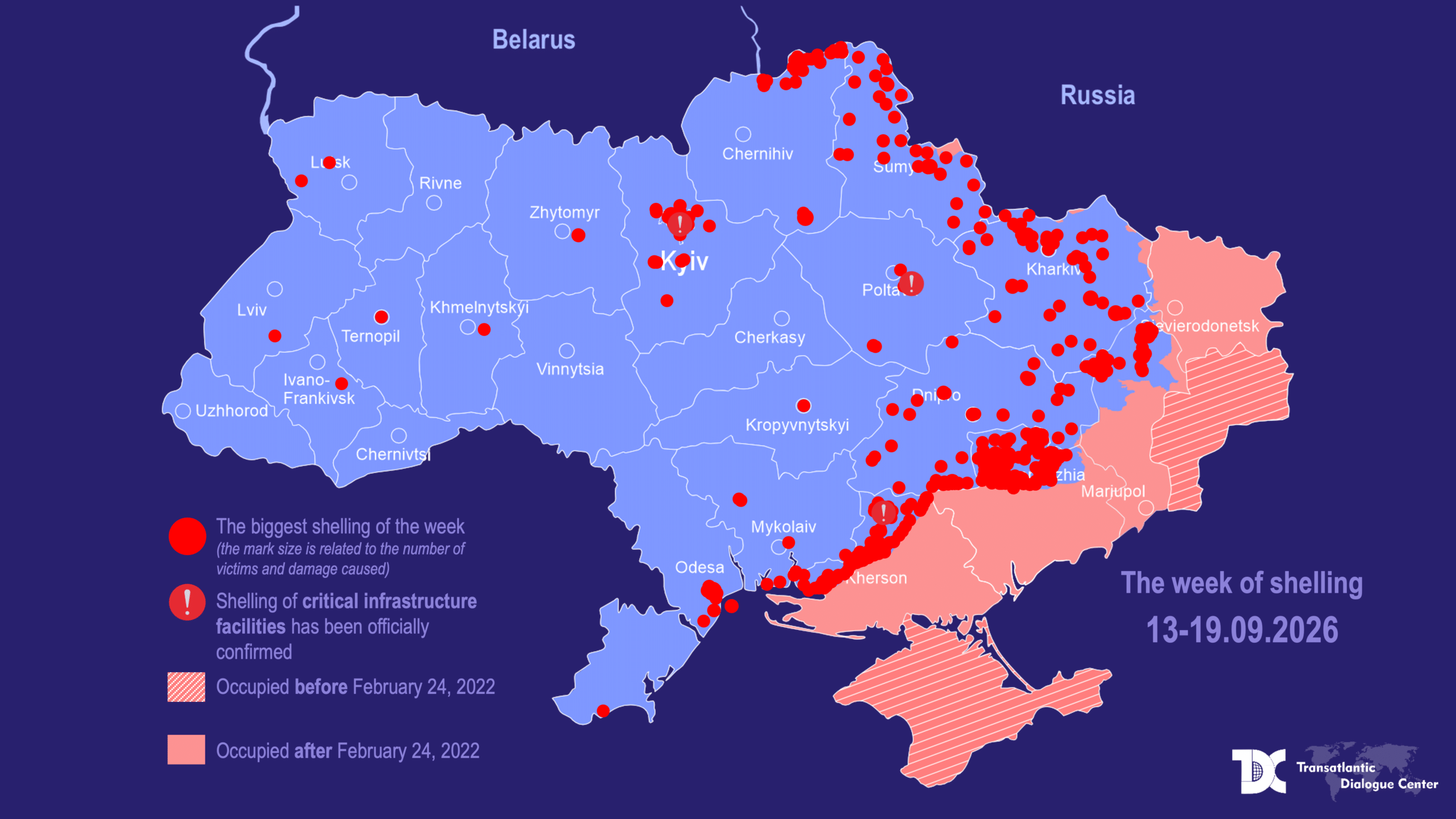 Map of Russian shelling and confirmed critical infrastructure incidents in Ukraine from September 13 to September 19, 2026